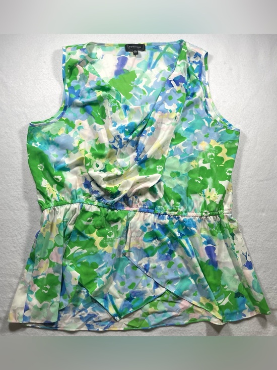 Spense Tops - Spense Women's Floral Sleeveless Faux Wrap Blouse XL Blue Green Peplum Top